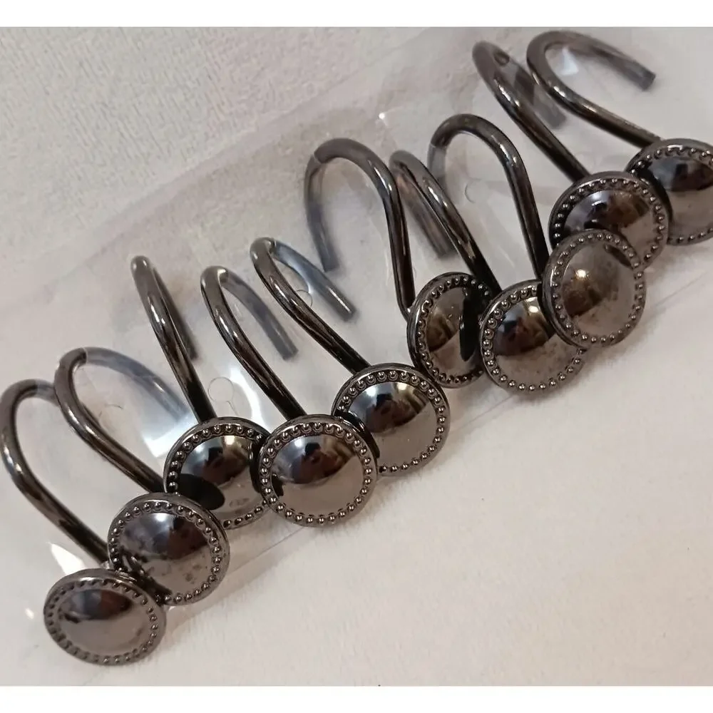10 Shower Curtain Hooks LUXE Decor Button Style Polished Gunmetal Dark PRETTY!